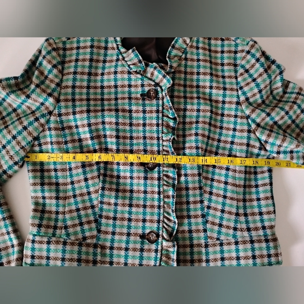 Talbots 100% Wool Ruffle Plaid Jacket Blazer Turquoise Blue Brown Classic Sz 12 - Picture 14 of 16